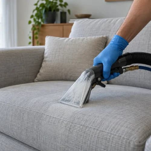 Higienização de sofá com equipamento de extração.